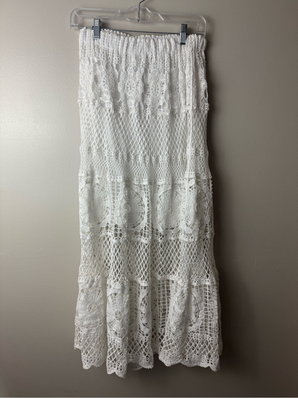 Hem & Thread White Crochet Tiered Maxi Skirt Boho Minimalist Cottagecore Medium